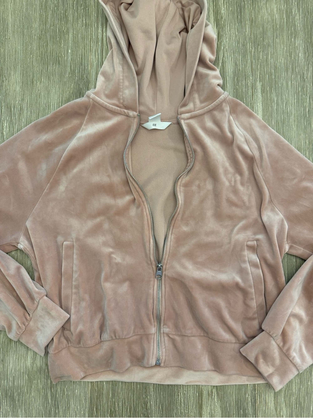 H&M Dusty Rose Velvet Velour Zip Up Hoodie Crop Sweatshirt Womens Medium
